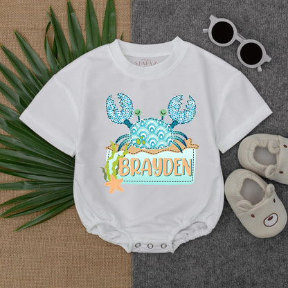 Custom Mosaic Crab Bubble Romper Personalized Coastal Baby Outfit Beach Theme Toddler Clothes Summer Bodysuit