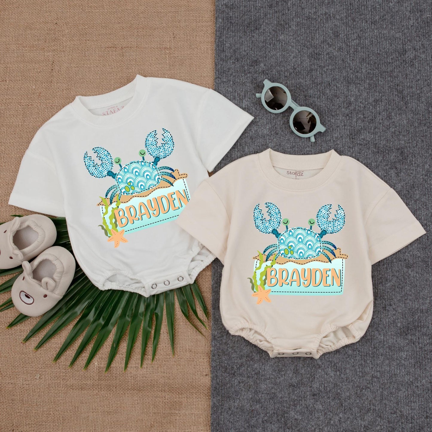 Custom Mosaic Crab Bubble Romper Personalized Coastal Baby Outfit Beach Theme Toddler Clothes Summer Bodysuit