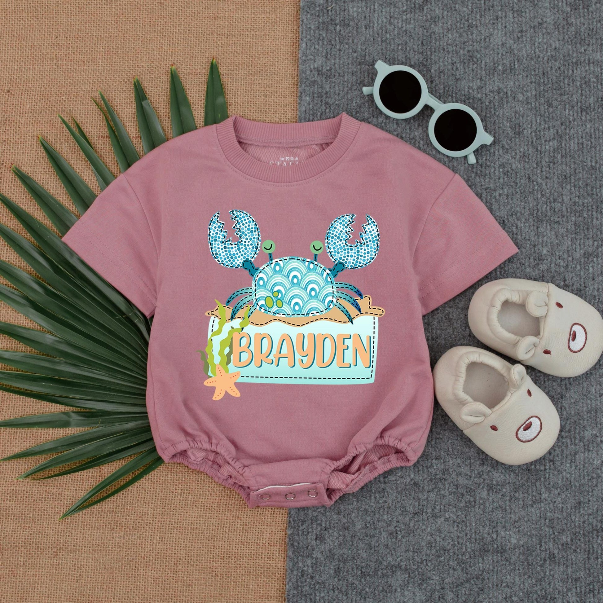 Custom Mosaic Crab Bubble Romper Personalized Coastal Baby Outfit Beach Theme Toddler Clothes Summer Bodysuit