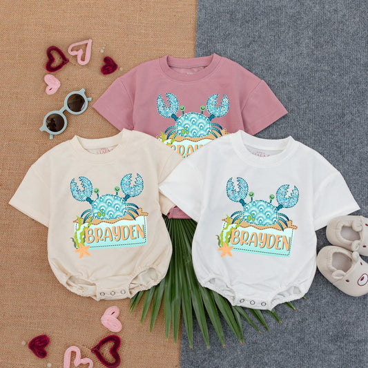 Custom Mosaic Crab Bubble Romper Personalized Coastal Baby Outfit Beach Theme Toddler Clothes Summer Bodysuit