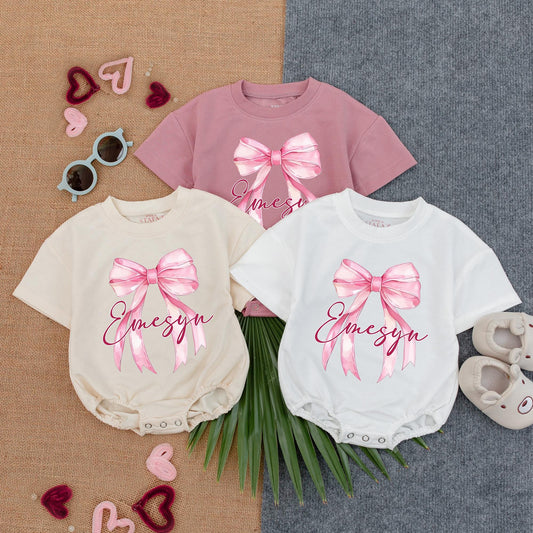 Personalized Baby Girl Name Bow Bubble Romper T Shirt Outfit Infant Clothes Birthday Baby Shower Gift Idea Toddler Bodysuit