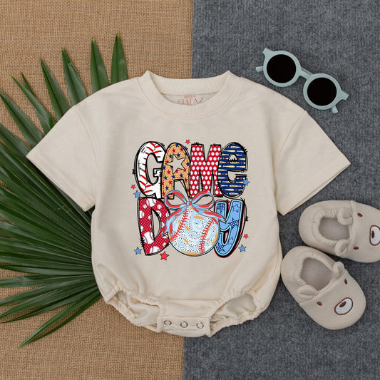 Game Day Baseball Brushstroke Romper Newborn Baby Girl Gift - Baseball Lover Tee Custom Name Birthday Outfit Shower