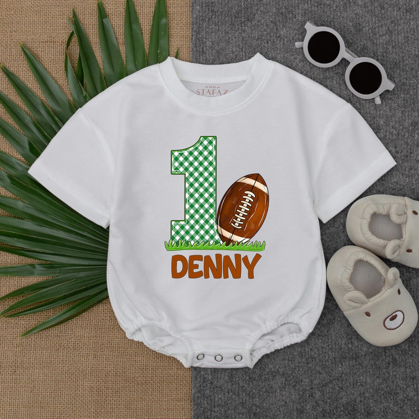 First Birthday Football Baby Bodysuit Romper Outfit Newborn Clothes Gift for Boy, Custom Name, Short Sleeve Cute Football Design