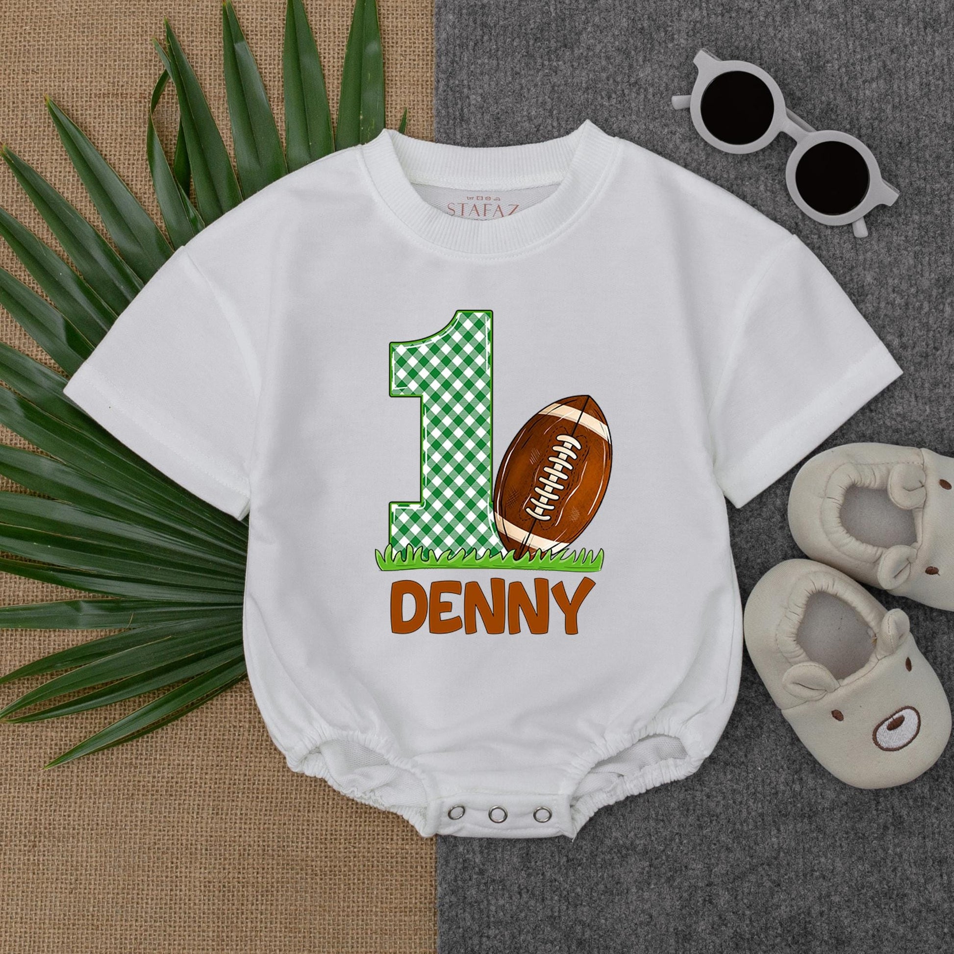 First Birthday Football Baby Bodysuit Romper Outfit Newborn Clothes Gift for Boy, Custom Name, Short Sleeve Cute Football Design
