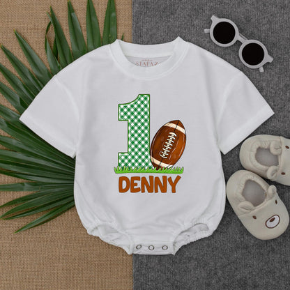 First Birthday Football Baby Bodysuit Romper Outfit Newborn Clothes Gift for Boy, Custom Name, Short Sleeve Cute Football Design