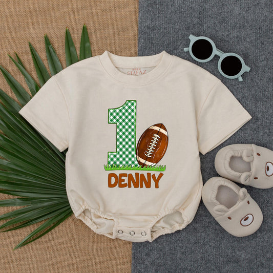 First Birthday Football Baby Bodysuit Romper Outfit Newborn Clothes Gift for Boy, Custom Name, Short Sleeve Cute Football Design