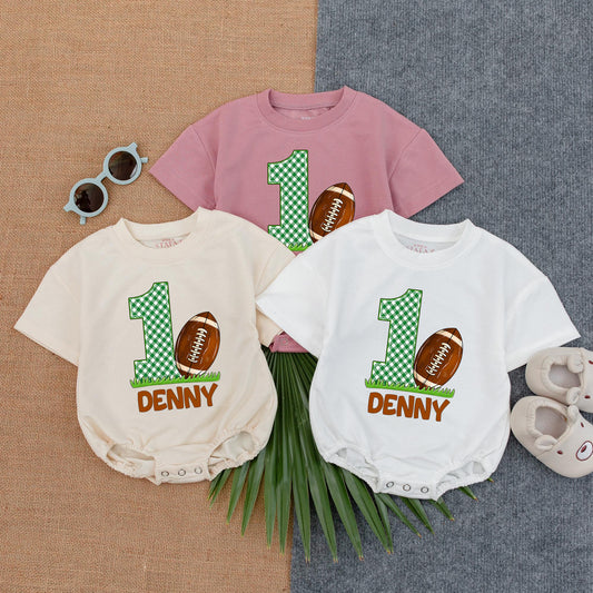 First Birthday Football Baby Bodysuit Romper Outfit Newborn Clothes Gift for Boy, Custom Name, Short Sleeve Cute Football Design