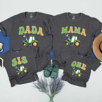 Tractor 1st Birthday Matching Family Shirts Green & Yellow First Birthday Boy Outfit Farm Party Theme Mama Dada Tee One Year Old Tractor Birthday Shirt (140)