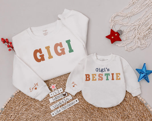 Custom Name Gigi and Bestie Matching Sweatshirts and Baby Romper Set Granddaughter Niece Gift Soft Cozy Cotton Apparel for Grandma