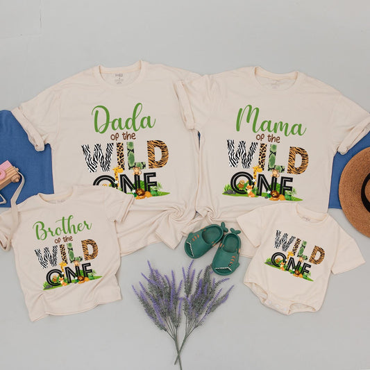 Matching Wild One Family Birthday Shirts for Mom Dad and the Birthday Kid featuring fun safari zoo animal designs soft comfortable cotton tees