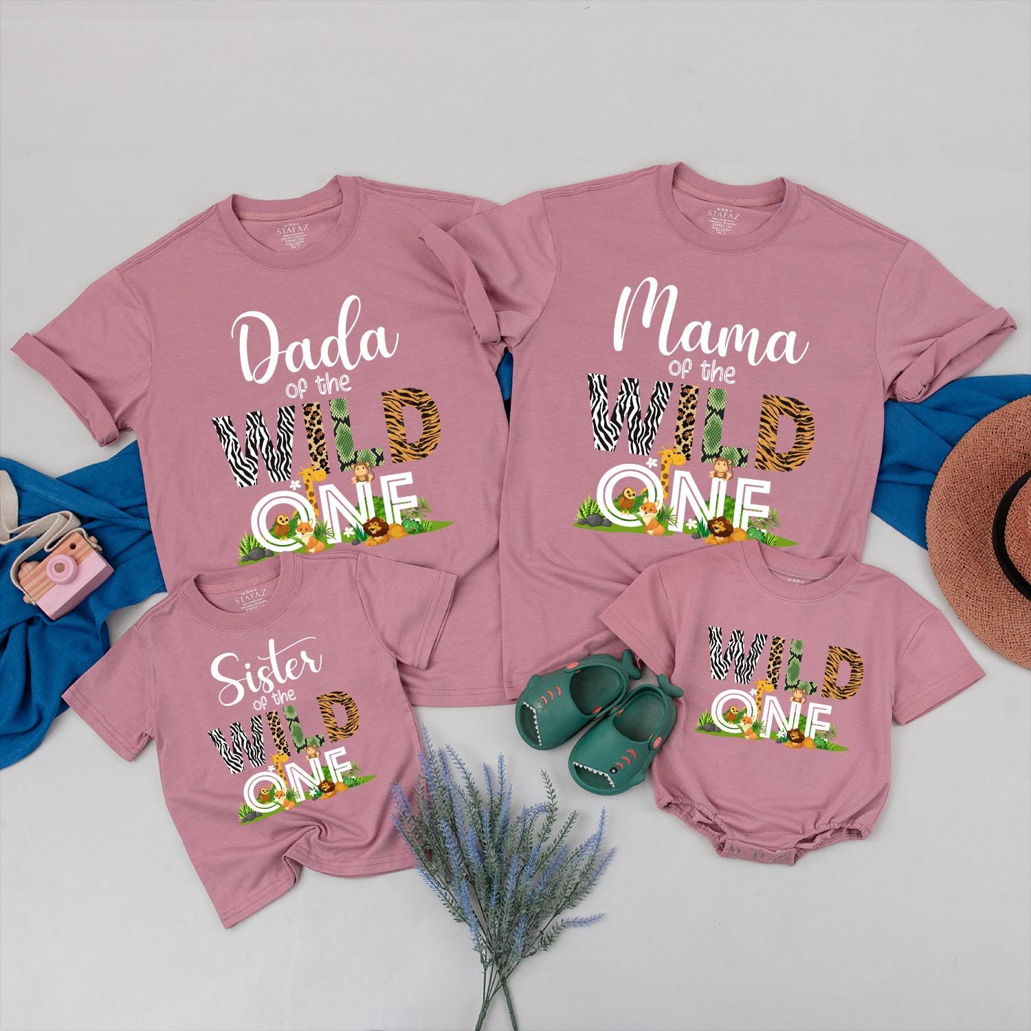 Matching Wild One Family Birthday Shirts for Mom Dad and the Birthday Kid featuring fun safari zoo animal designs soft comfortable cotton tees