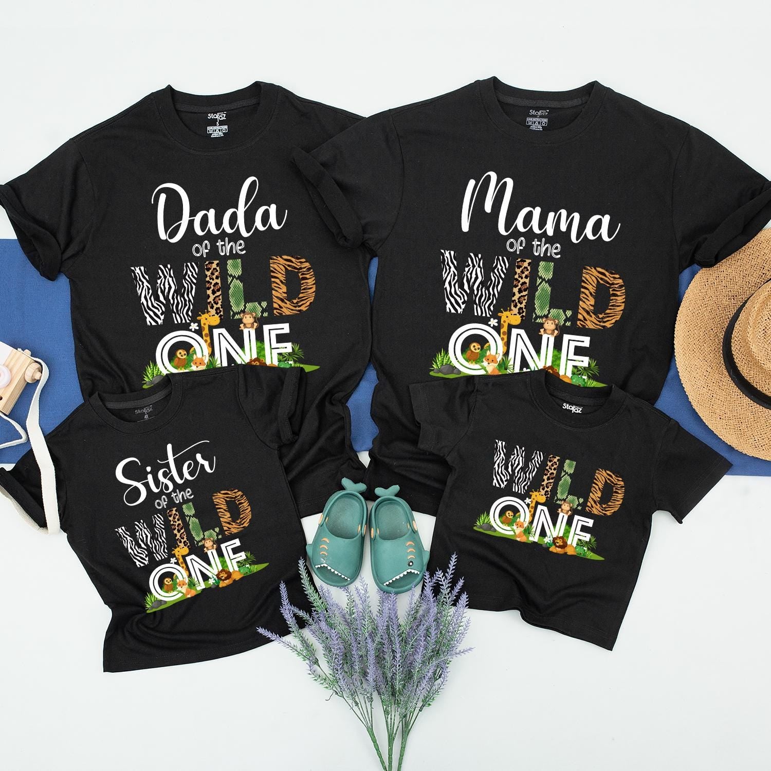 Matching Wild One Family Birthday Shirts for Mom Dad and the Birthday Kid featuring fun safari zoo animal designs soft comfortable cotton tees
