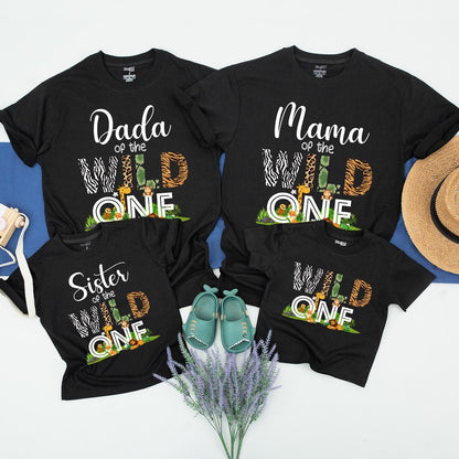 Matching Wild One Family Birthday Shirts for Mom Dad and the Birthday Kid featuring fun safari zoo animal designs soft comfortable cotton tees