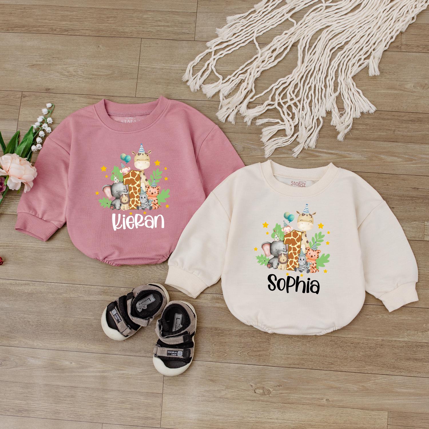 Zoo Birthday Bubble Romper Custom Safari Outfit Baby Newborn Personalized Name Cute Bodysuit Baby Shower Gift