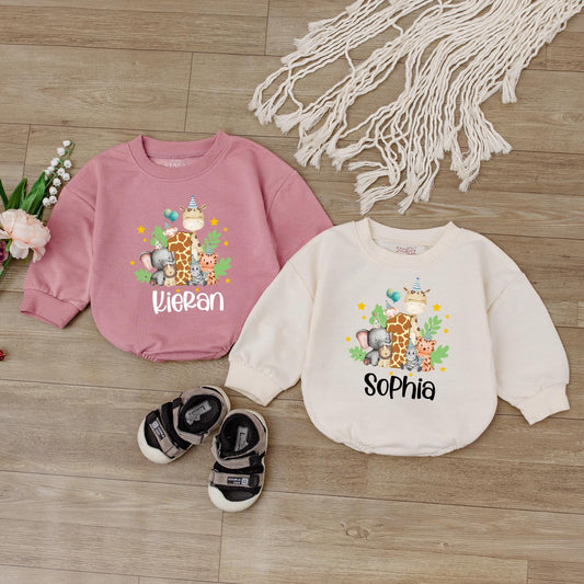 Zoo Birthday Bubble Romper Custom Safari Outfit Baby Newborn Personalized Name Cute Bodysuit Baby Shower Gift
