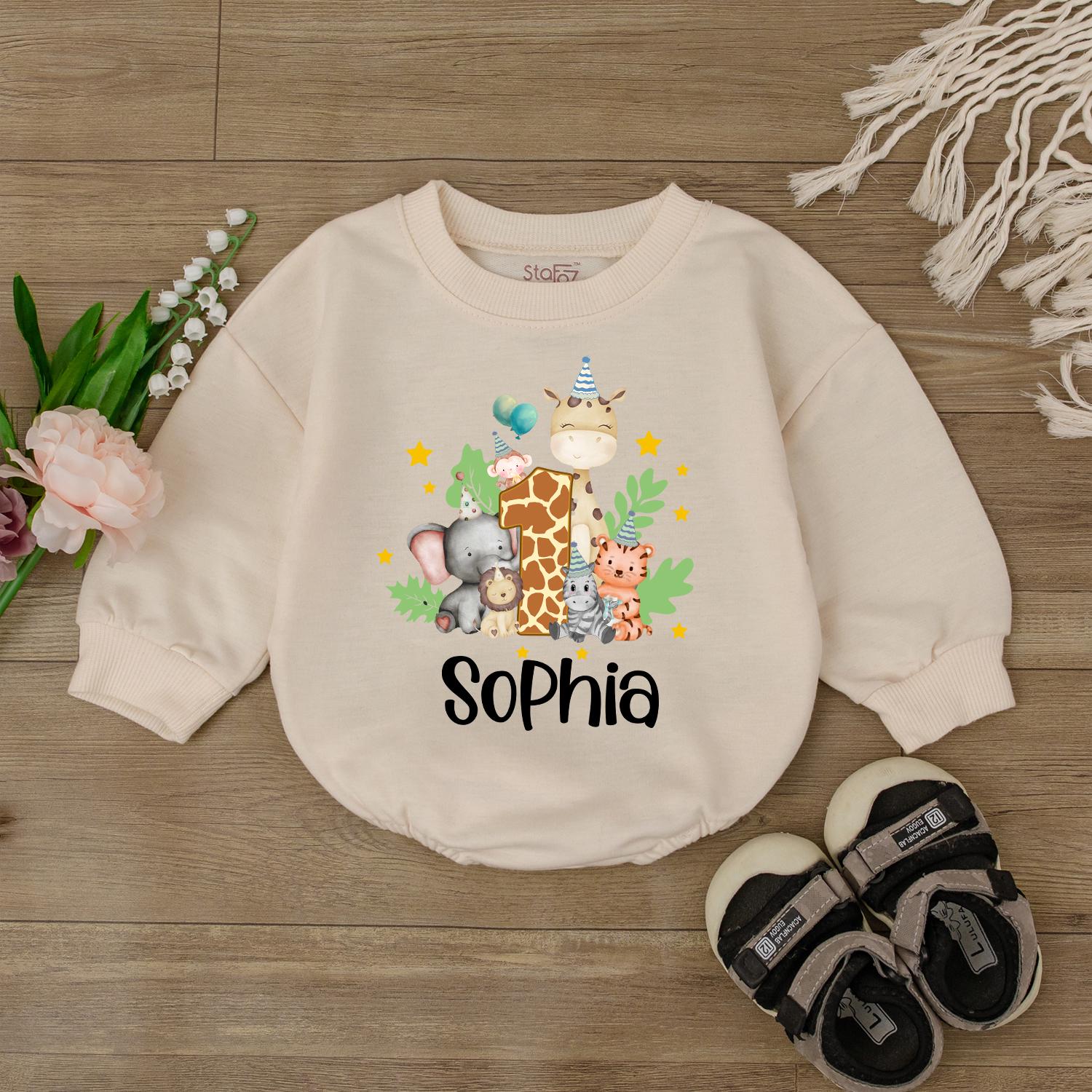 Zoo Birthday Bubble Romper Custom Safari Outfit Baby Newborn Personalized Name Cute Bodysuit Baby Shower Gift