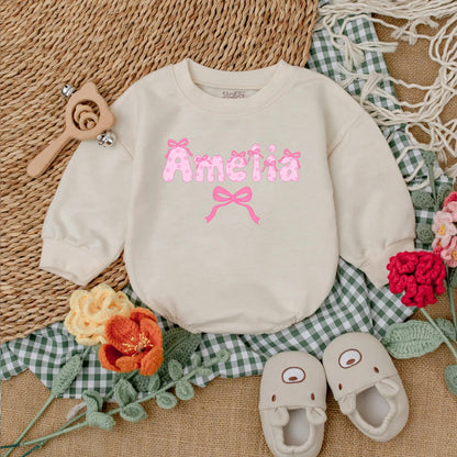 Personalized Name Pink Bow Baby Girl Romper Cute Long Sleeve Bubble Outfit Toddler Birthday Baby Shower Gift