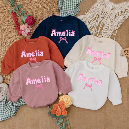 Personalized Name Pink Bow Baby Girl Romper Cute Long Sleeve Bubble Outfit Toddler Birthday Baby Shower Gift
