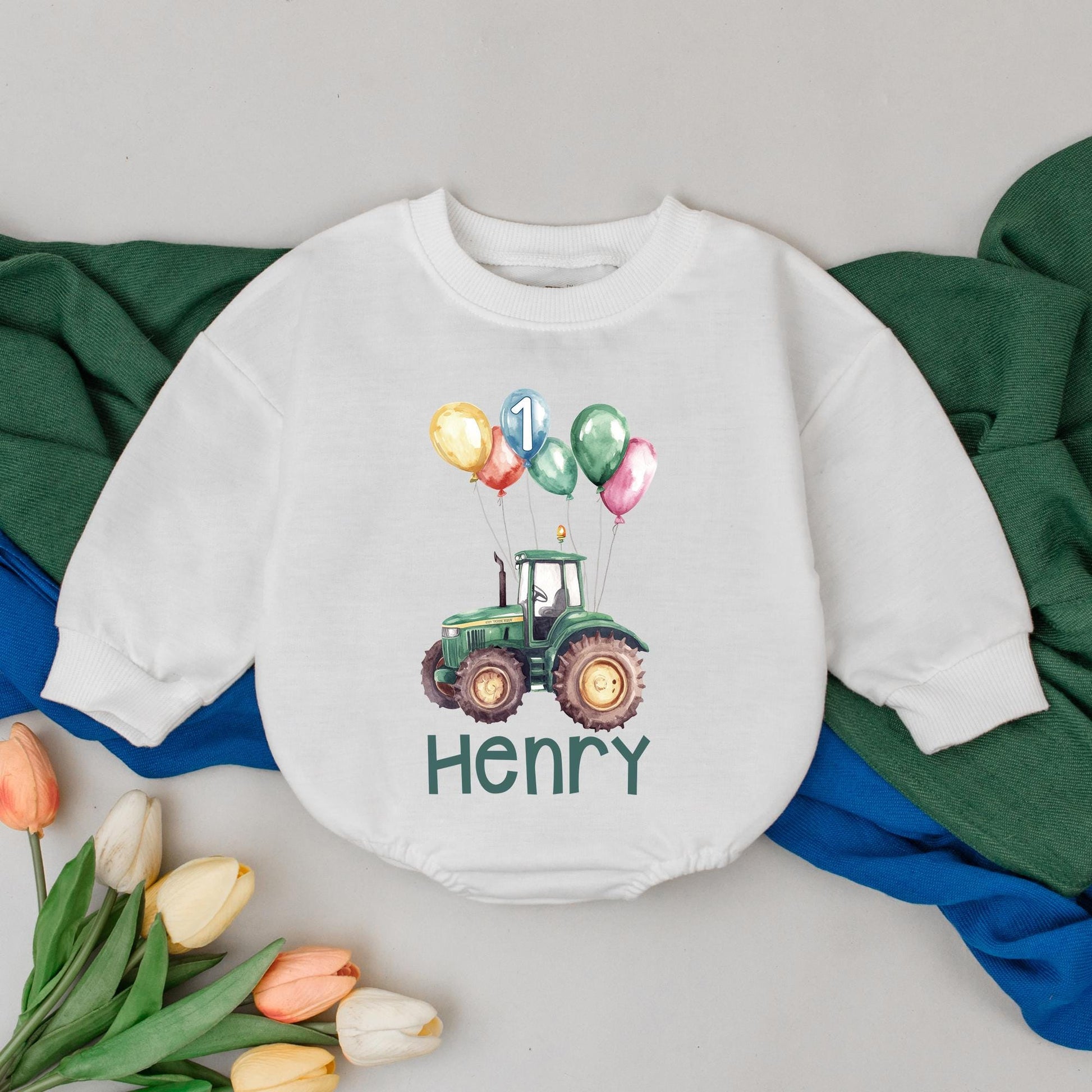 Personalized Tractor First Birthday Bubble Romper Outfit for Baby Boy 1st Birthday Party Celebration Gift Baby Shower