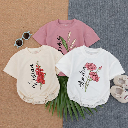 Wildflower Baby Girl Romper 'In Bloom' Take Home Outfit Personalized Birth Month Flower Baby Shower Gift Newborn Girl Clothes