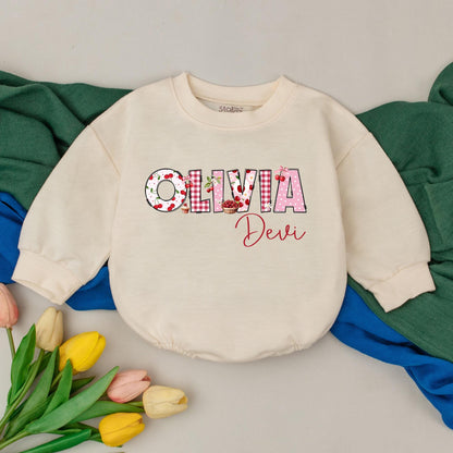 Personalized Cherry Baby Romper, Custom Name Infant Bodysuit, Cute Girl Outfit, First Birthday Gift, Sweet Cherries, Soft Cotton Clothes (134 chars)
