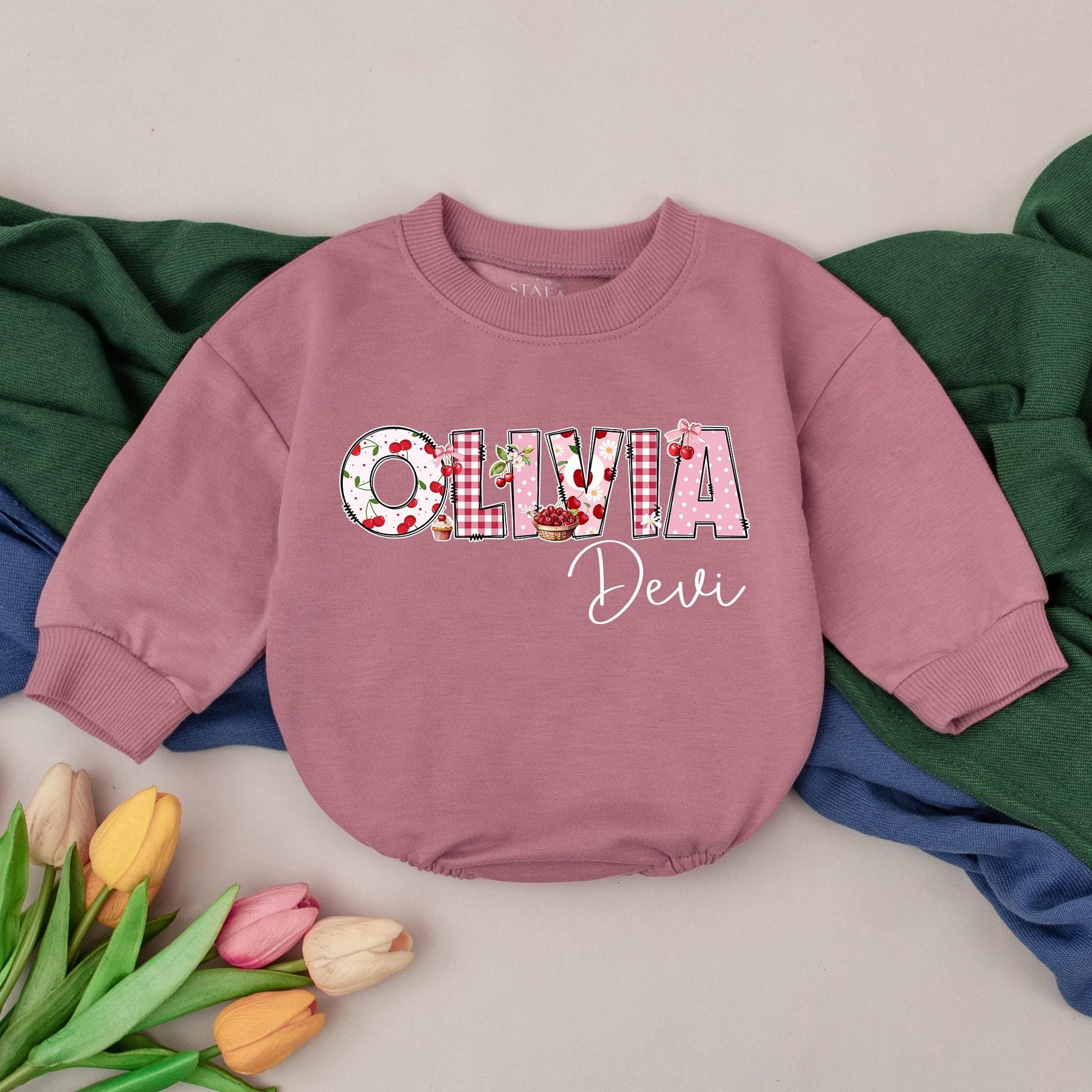 Personalized Cherry Baby Romper, Custom Name Infant Bodysuit, Cute Girl Outfit, First Birthday Gift, Sweet Cherries, Soft Cotton Clothes (134 chars)