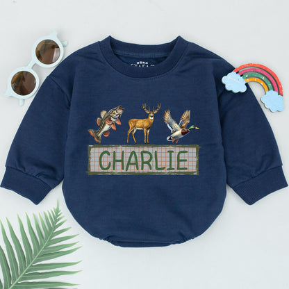 Personalized Name Mallard Duck Hunting Baby Romper Boy Hunter Buddy Gift Ducks Deer Fishing Outdoor Adventure First Birthday Outfit