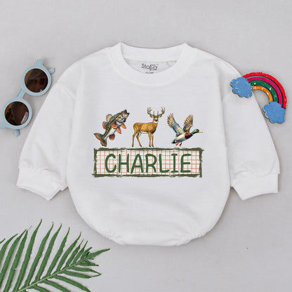 Personalized Name Mallard Duck Hunting Baby Romper Boy Hunter Buddy Gift Ducks Deer Fishing Outdoor Adventure First Birthday Outfit