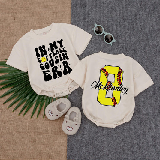 In My Softball Cousin Era Bubble Romper – Cute Softball Baby Outfit – Perfect for Softball Fans & Cousin Bond – Personalized Baby Romper
