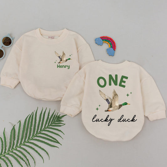 Personalized One Lucky Duck 1st Birthday Romper Boy Wild One Watercolor Flying Duck Design Green Orange Brown Stars Custom Name Option