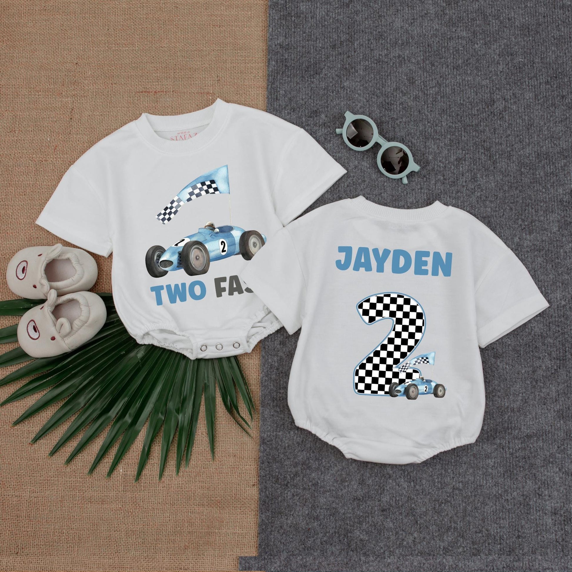 Two Fast Race Car Bubble Romper for a Birthday Boy, Personalized Gift Toddler Shirt or Sweater Custom Name Race Car Outfit