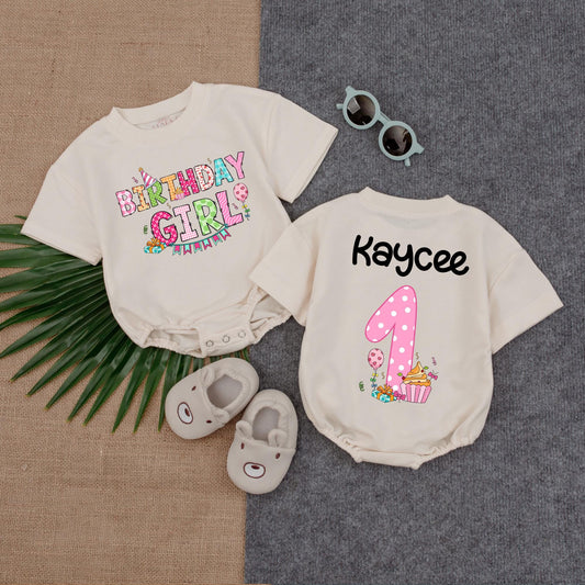 Personalized Pink Cupcake First Birthday Romper Sweet Girl Cake Smash Oversized Bodysuit with Sprinkles Infant Toddler Baby Shower Gift