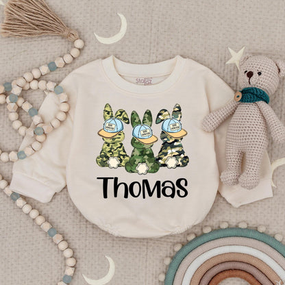 Personalized Thomas Egg Hunter Easter Camo Baby Bodysuit Cute Bunny Romper for Boys My First Easter Gift