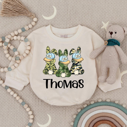 Personalized Thomas Egg Hunter Easter Camo Baby Bodysuit Cute Bunny Romper for Boys My First Easter Gift