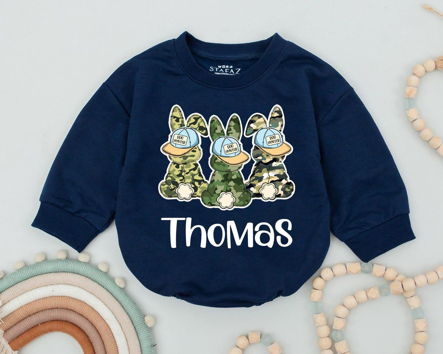 Personalized Thomas Egg Hunter Easter Camo Baby Bodysuit Cute Bunny Romper for Boys My First Easter Gift