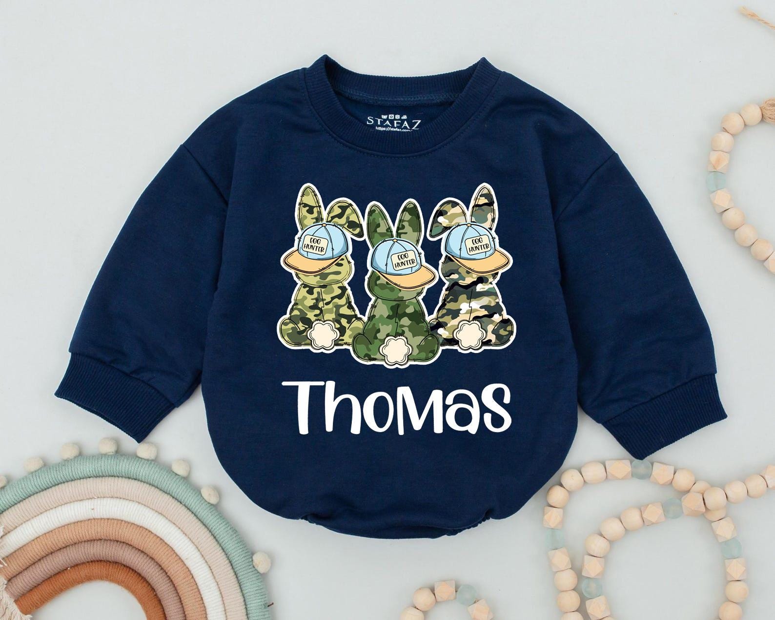 Personalized Thomas Egg Hunter Easter Camo Baby Bodysuit Cute Bunny Romper for Boys My First Easter Gift
