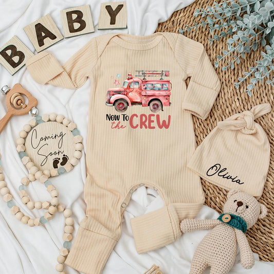 Personalized Fire Truck Baby Bodysuit Set: New to the Crew Firefighter Gift, Cute Cartoon Design, Baby Announcement Outfit, Baby Shower Present (138 chars)