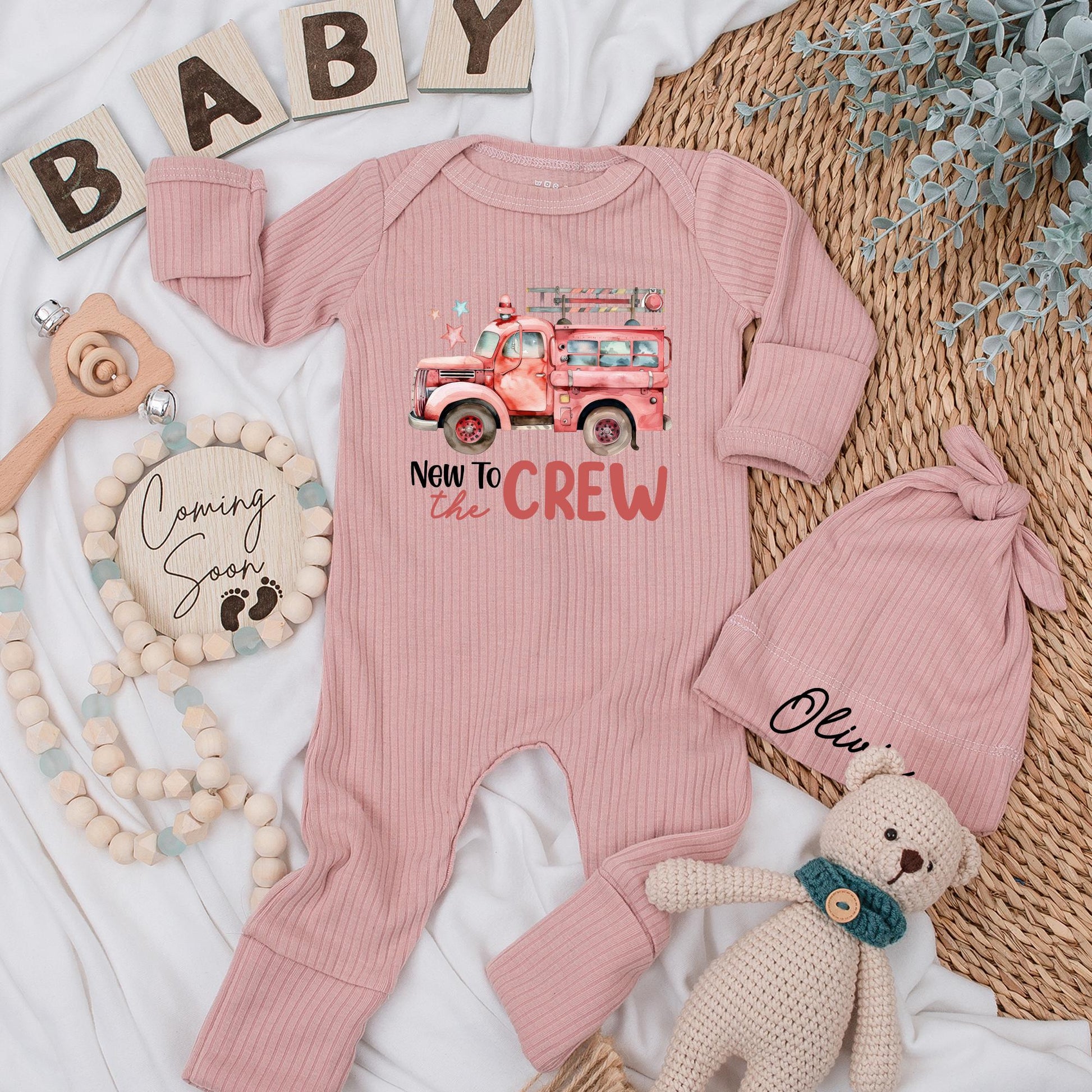 Personalized Fire Truck Baby Bodysuit Set: New to the Crew Firefighter Gift, Cute Cartoon Design, Baby Announcement Outfit, Baby Shower Present (138 chars)