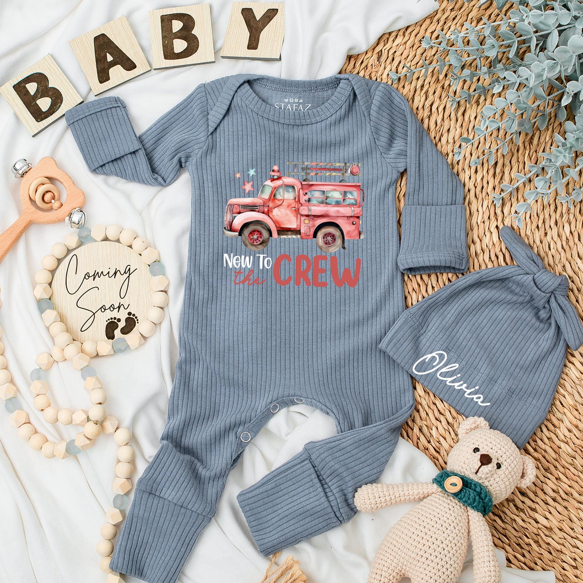 Personalized Fire Truck Baby Bodysuit Set: New to the Crew Firefighter Gift, Cute Cartoon Design, Baby Announcement Outfit, Baby Shower Present (138 chars)