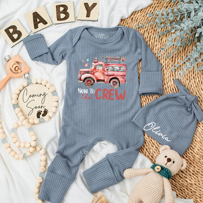 Personalized Fire Truck Baby Bodysuit Set: New to the Crew Firefighter Gift, Cute Cartoon Design, Baby Announcement Outfit, Baby Shower Present (138 chars)