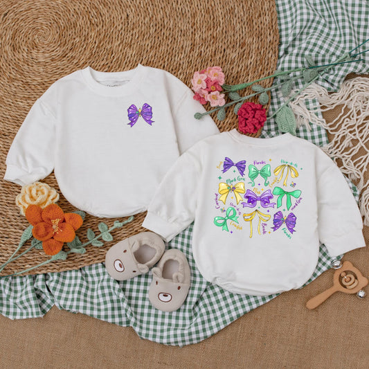 Mardi Gras Baby Girl Romper Outfit with Bow, Cute Bodysuit Bubble Romper, Festive Shower Gift Idea, Retro Mardi Gras Baby Clothes