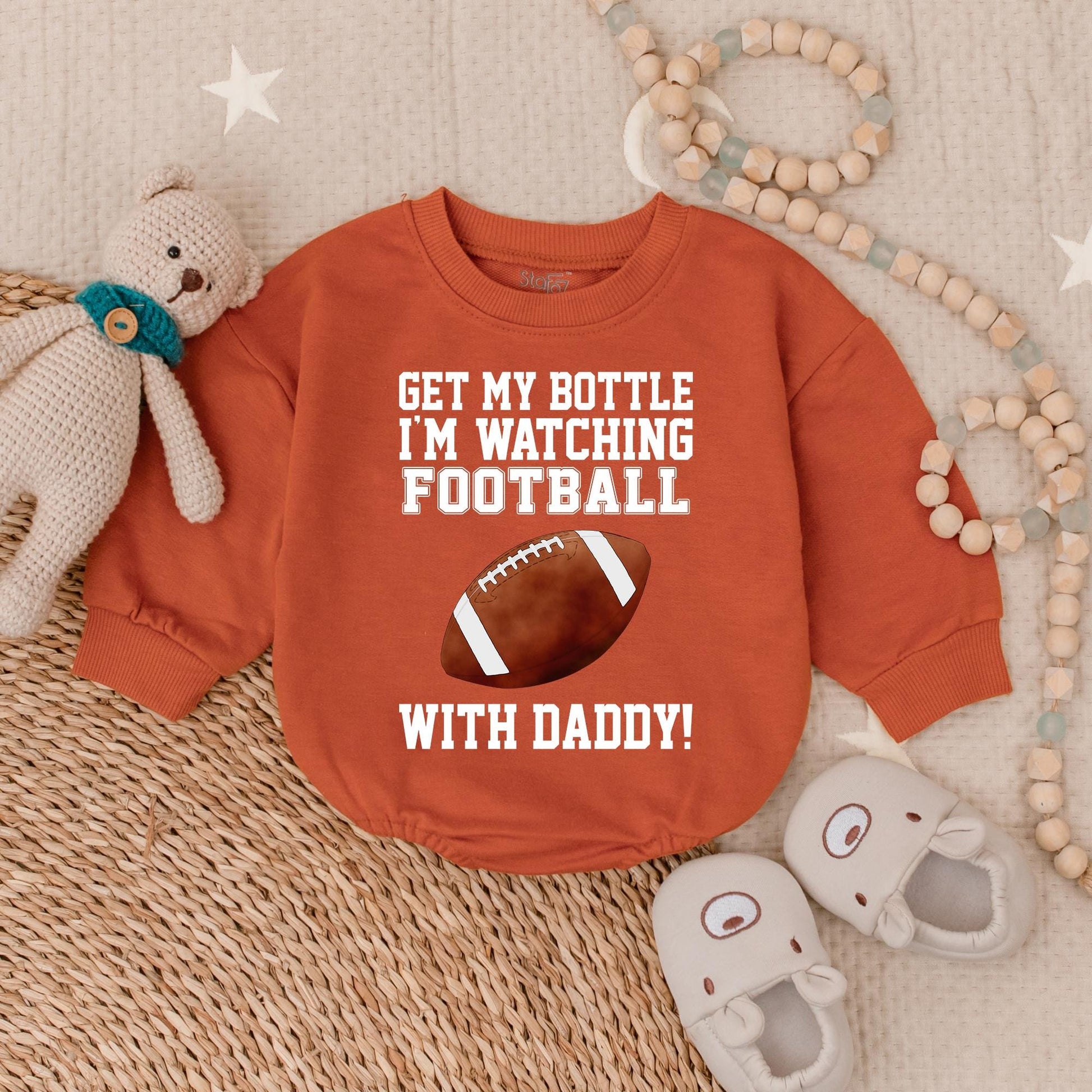 Get My Bottle I'm Watching Football with Daddy Bubble Romper Sports Baby Clothes Game Day Outfit for Little Fan