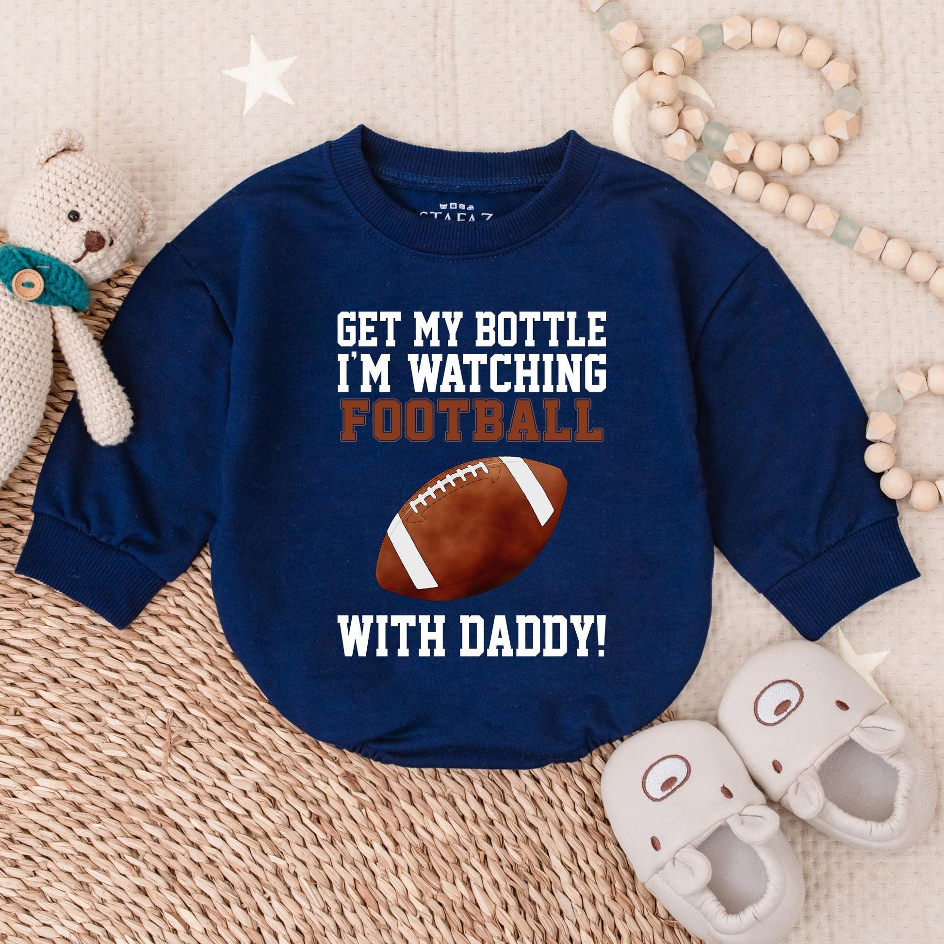 Get My Bottle I'm Watching Football with Daddy Bubble Romper Sports Baby Clothes Game Day Outfit for Little Fan