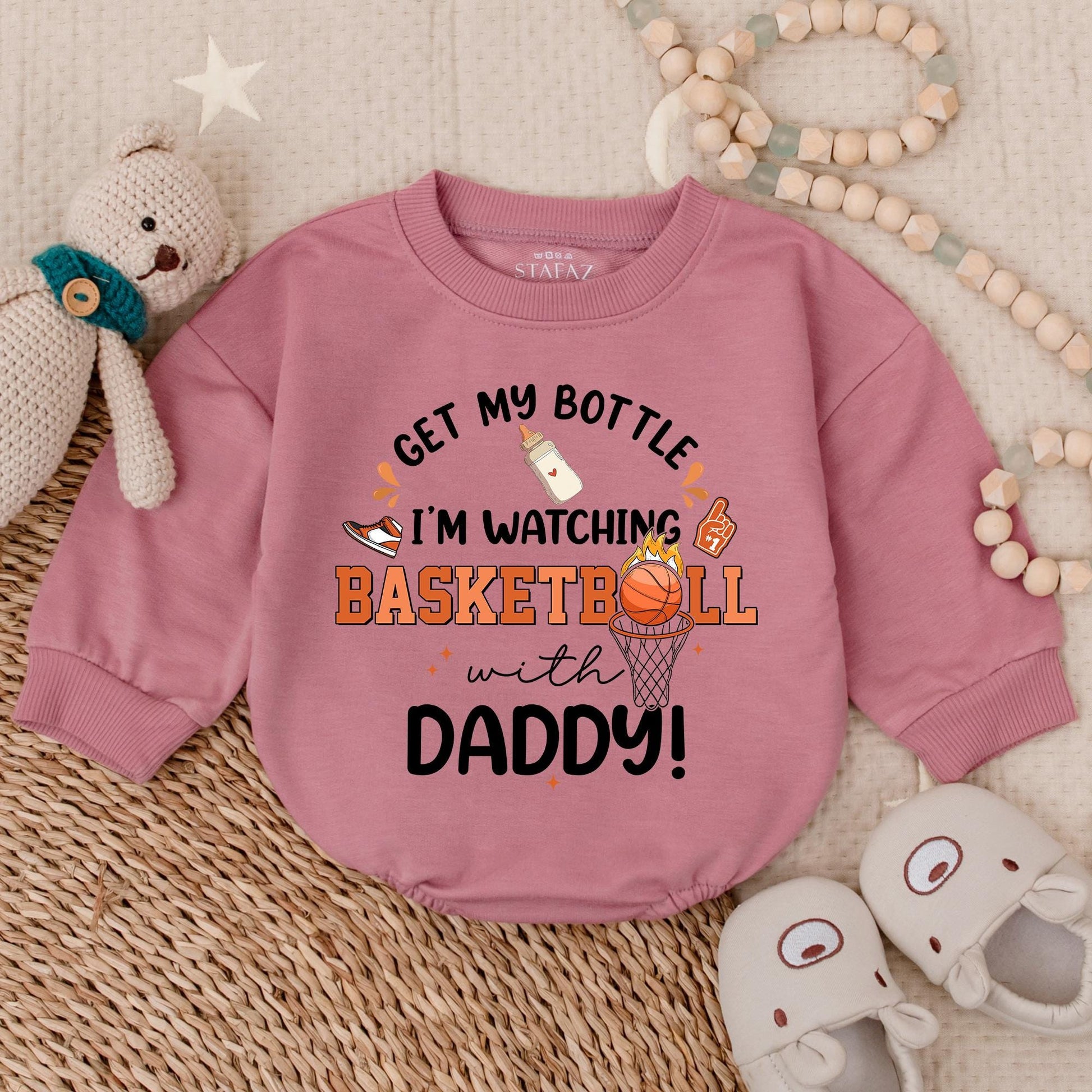 Get My Bottle Watching Basketball with Daddy Bubble Romper Football Baby Bodysuit Game Day Outfit Sports Football Baby Clothes