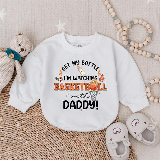Get My Bottle Watching Basketball with Daddy Bubble Romper Football Baby Bodysuit Game Day Outfit Sports Football Baby Clothes