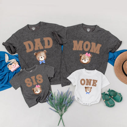 Beary Cute Family Birthday Shirts, Brown Shadow Text Dad Mom Bro One & Watercolor Teddy Bears, Matching First Birthday Party Outfits, Fun 1st Birthday Tee