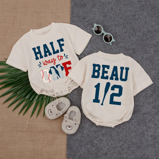Custom Baseball Half Birthday Romper Short Sleeve Baby Outfit Six Month Baseball Theme Infant Clothes