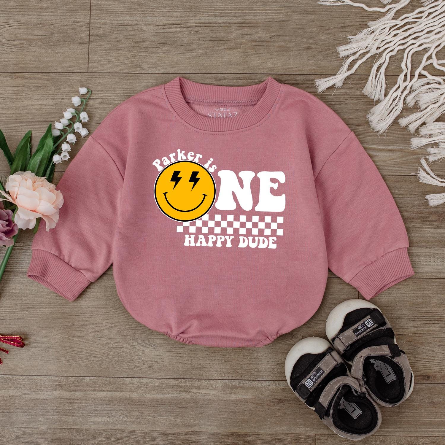 Custom 1st Birthday Bodysuit One Happy Dude Smiley Face Outfit Baby Boy First Birthday Clothes Personalized Gift