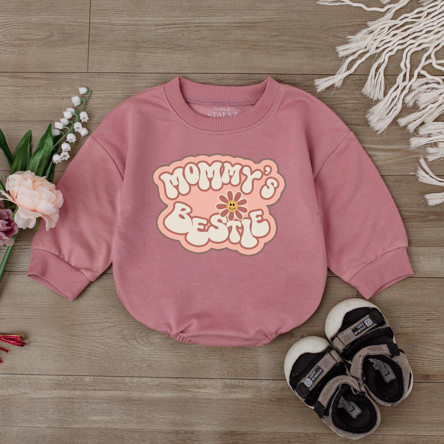 Mommy's Bestie Retro Baby Girl Romper Mama Daughter Clothes I Love Mom Gift Newborn Little Girl Outfit Big Sister