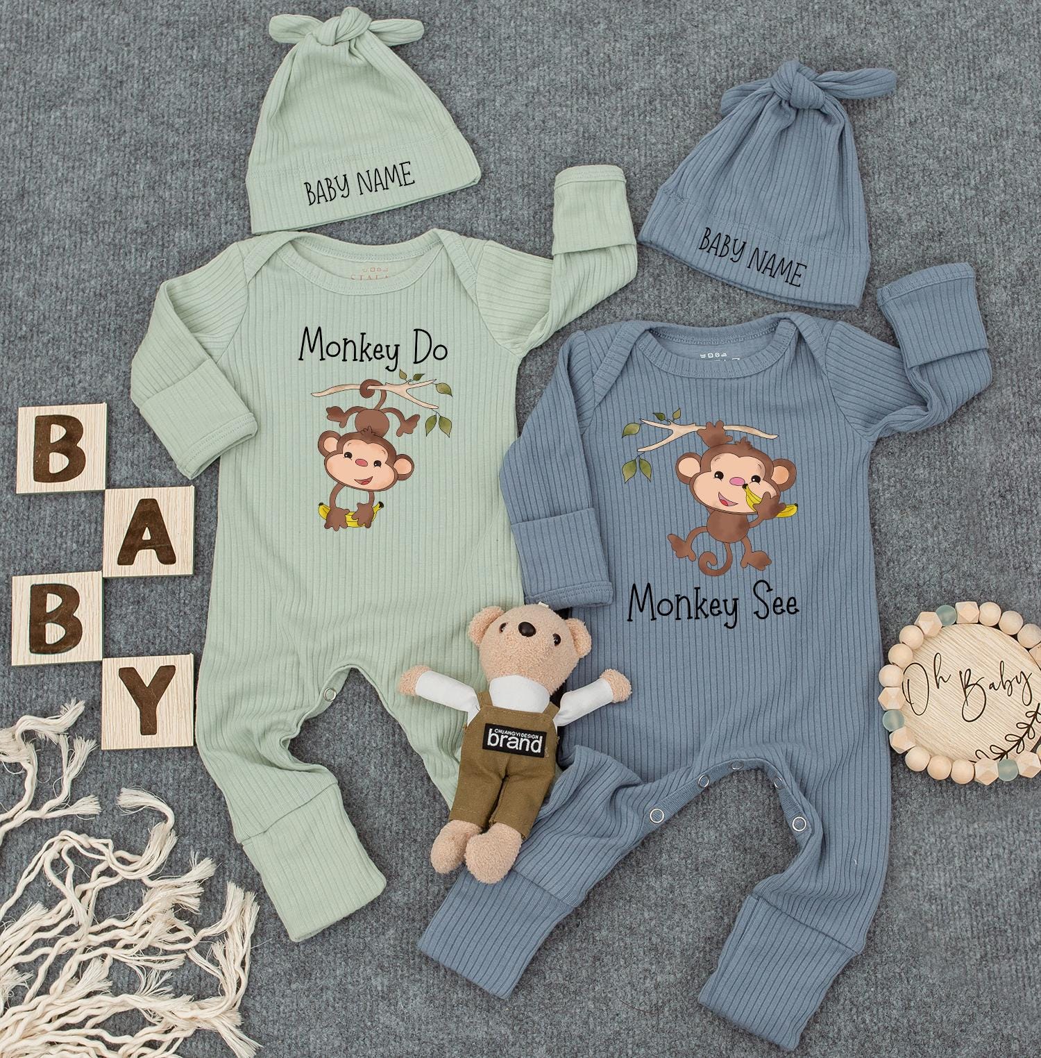 Monkey See Monkey Do Twin Bodysuit Set Cute Jungle Theme Matching Newborn Outfit Perfect Baby Shower Gift